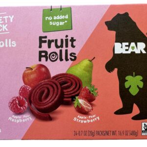Bear Real Fruit Snack Rolls, Strawberry & Raspberry Variety Pack – 48 Rolls (24 Packs, 2 Rolls per Pack)